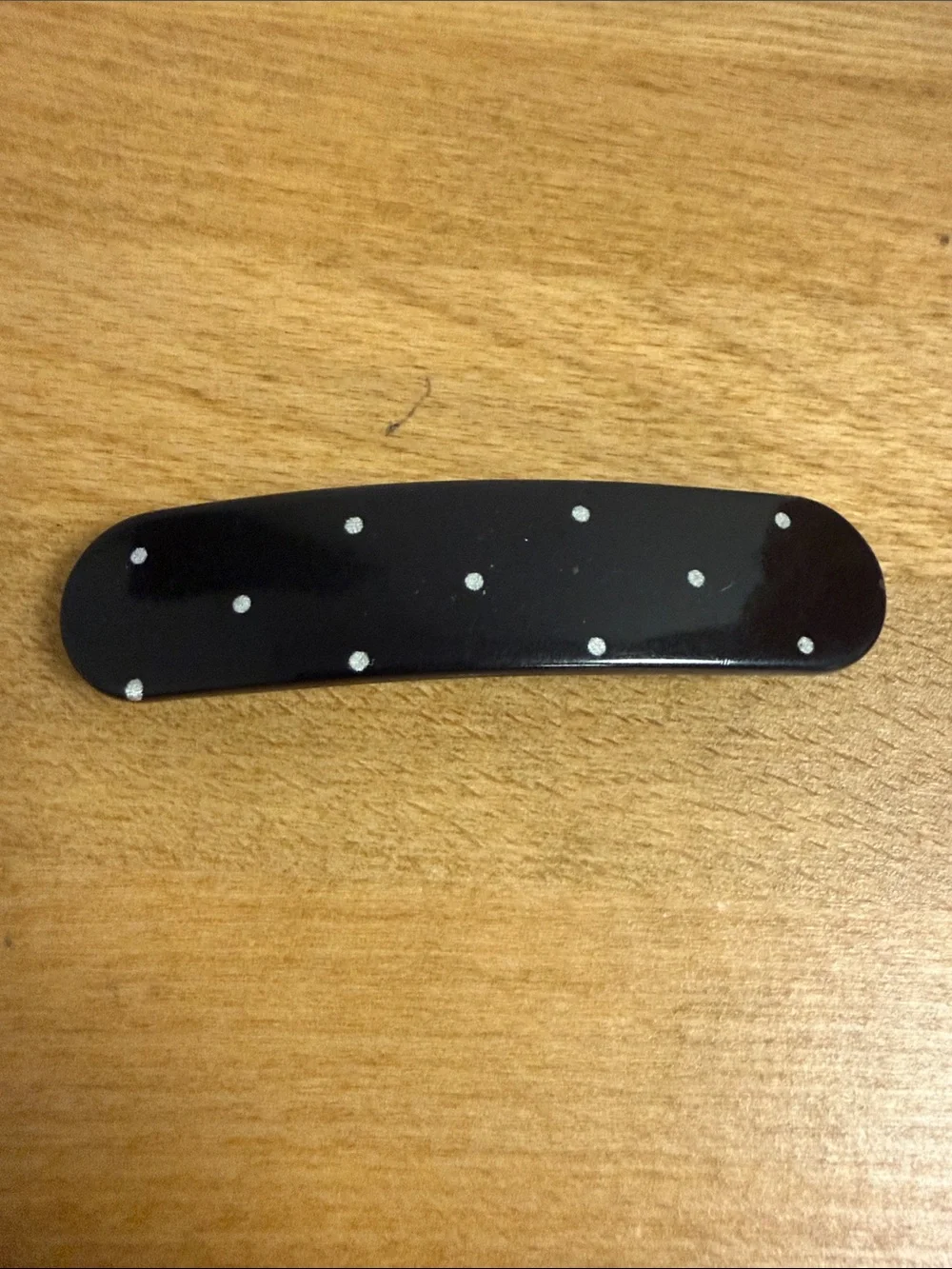 J Crew black plastic barrette clip with white polka dots spots